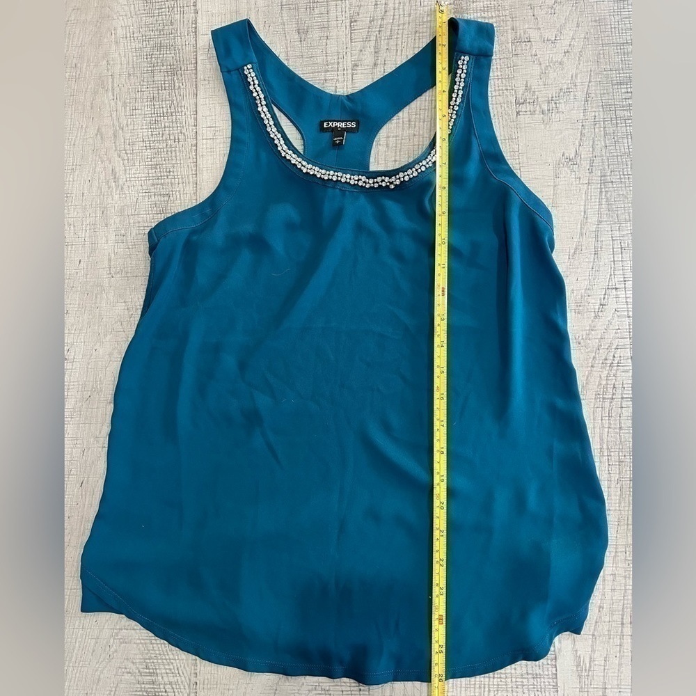 Express Teal Razor Back Blouse Crystal Beaded Collar Size Small - Picture 8 of 11